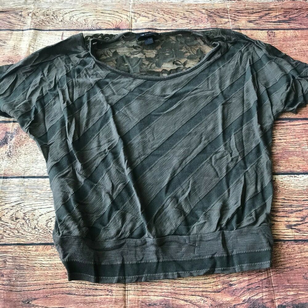 AB Studio Drapey Diagonal Stripe Green Lace Blouse Women’s Size Medium